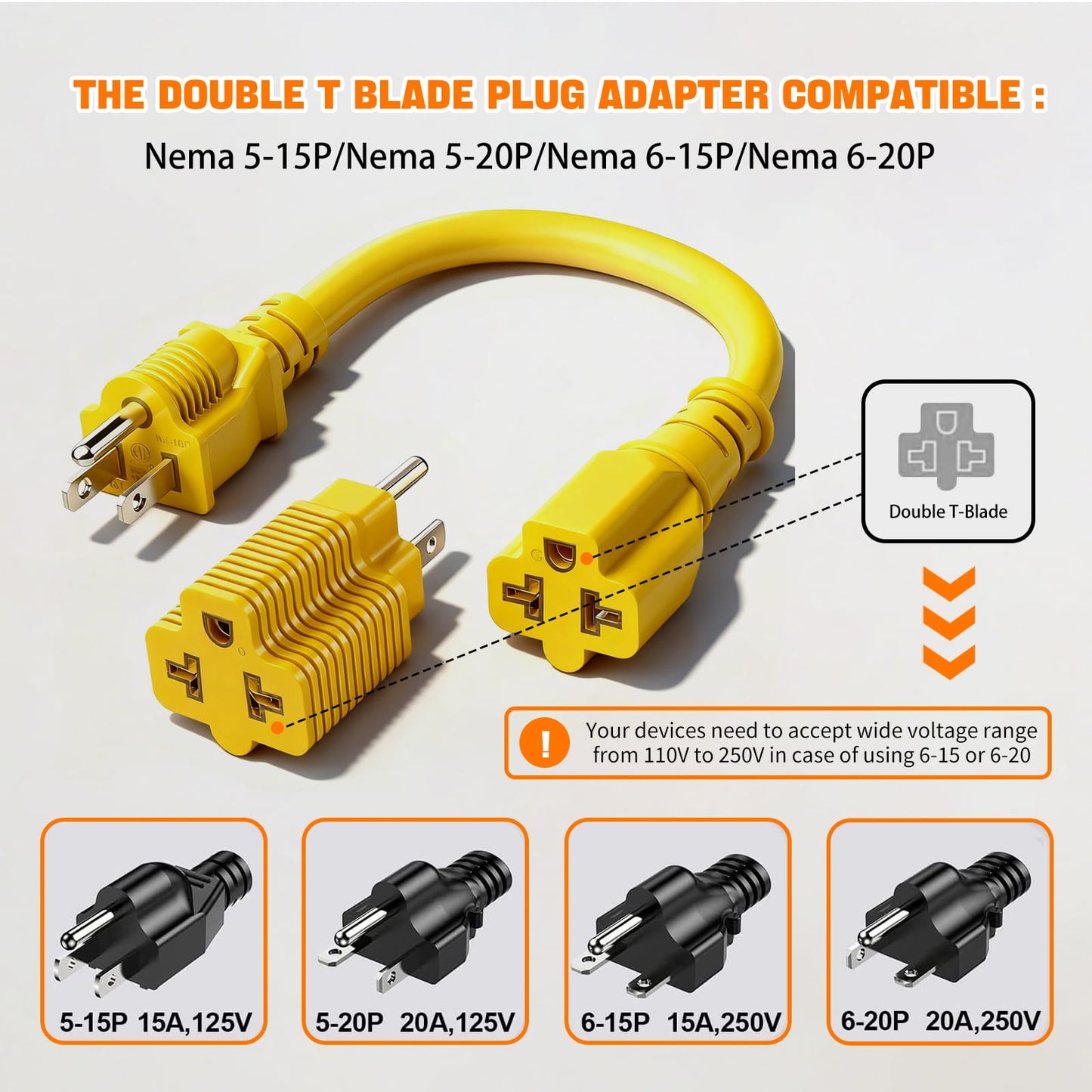4-in-1 15 Amp to 20 Amp -1ft Extension Cable&Power Adapter， T Blade Adapter - 5-15P to 5-20R, 6-15R, 6-20R，12AWG AC Power Plug Adapter Cable