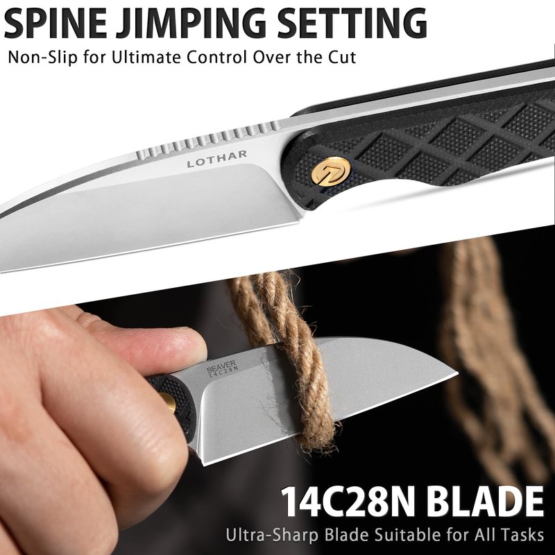 LOTHAR BEAVER Small Fixed Blade Knife, 2.58" 14C28N EDC Neck Knife with G10 Handle and Kydex Sheath, Necklace Horizontal Carry Knives with Adjustable Belt Clip, Survival Knives Gifts for Men Women