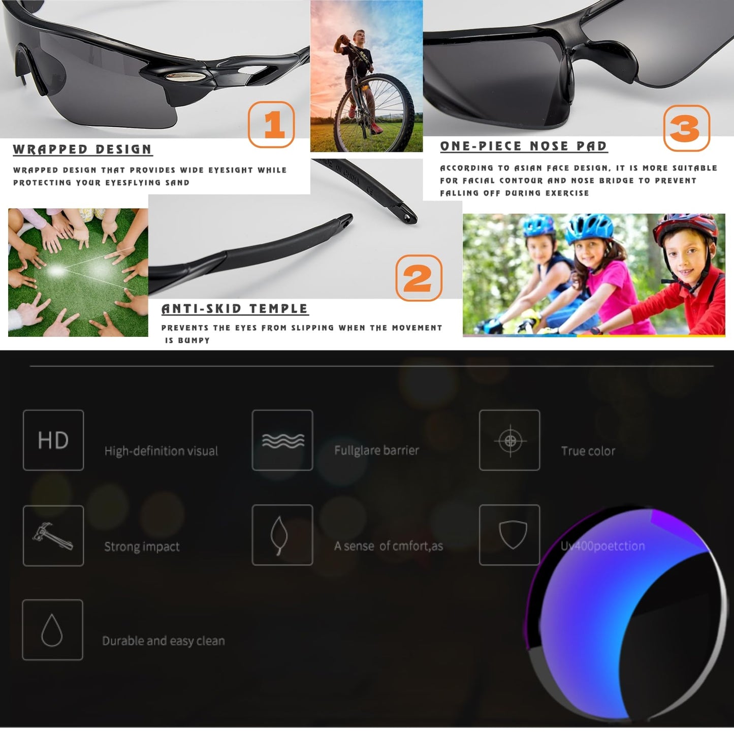 YIZHAOOUS 2PACK Kids Sports Sunglasses for Youth Baseball,Lightweight frame Boys Sunglasses for Cycling Golf Girls Softball Age 3-12(White Frame/Blue Lens+White Orange)