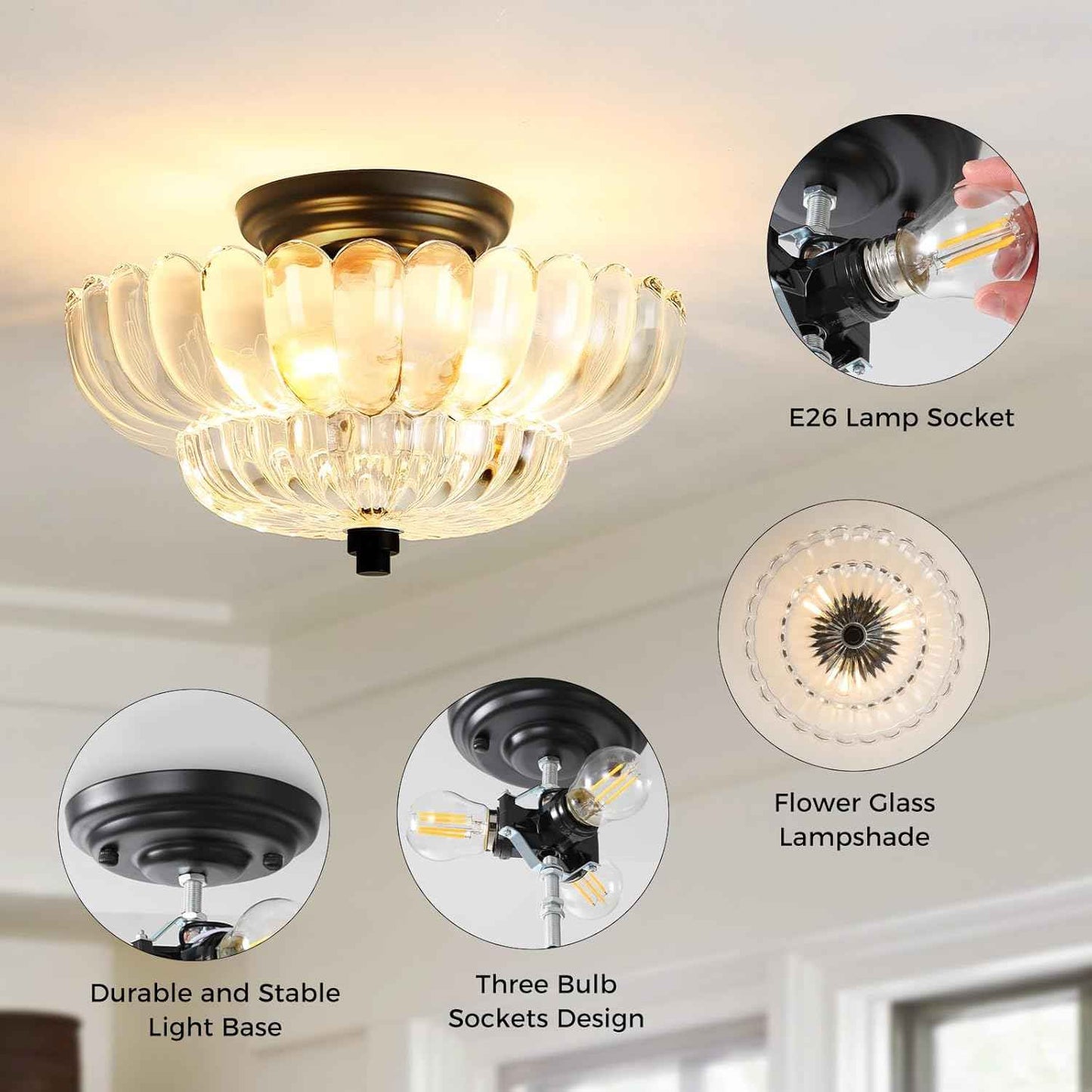 Modern Semi Flush Mount Ceiling Light Fixture with Brown Glass & Black Base - Ideal for Living Room, Kitchen, Bedroom, Hallway (Bulb Not Included)
