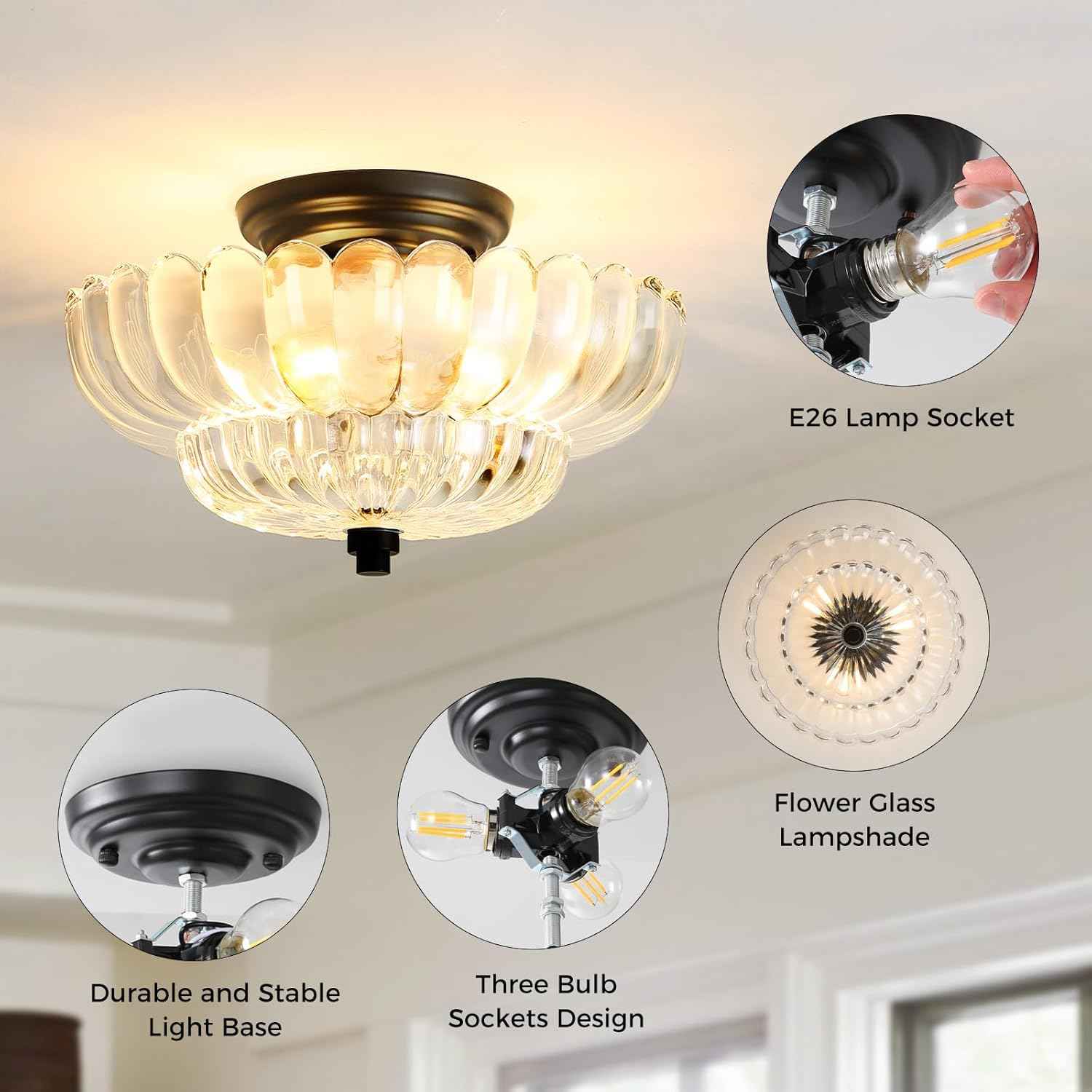 Modern Semi Flush Mount Ceiling Light Fixture with Brown Glass & Black Base - Ideal for Living Room, Kitchen, Bedroom, Hallway (Bulb Not Included)
