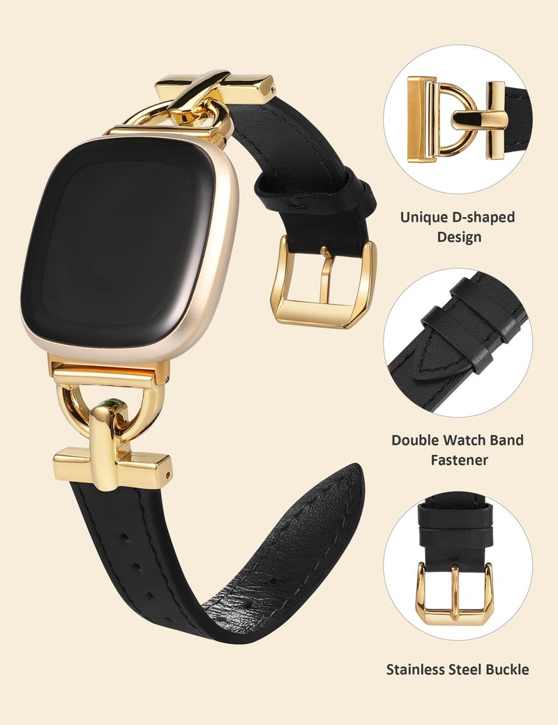 Wearlizer Unisex Leather Band for Fitbit Versa 3/4/Sense 2, D-Shape Metal Buckle, Compatible with 5.3"-7.0" Wrist Sizes, Premium Leather, Secure Connectors