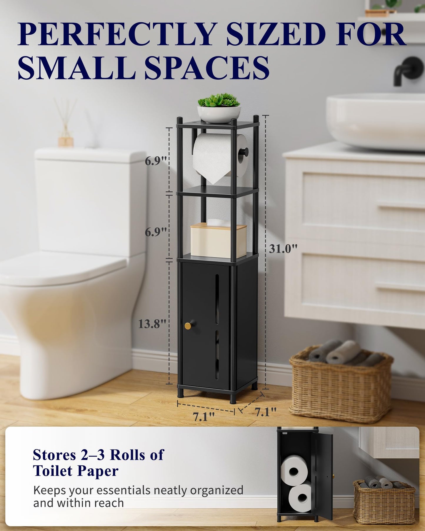 Kitsure Toilet Paper Holder Stand – Compact Bathroom Storage Cabinet for Extra Rolls and Small Items, Bathroom Organizers and Storage for Small Spaces, Living Room, Bedroom, 31.0" H, Black