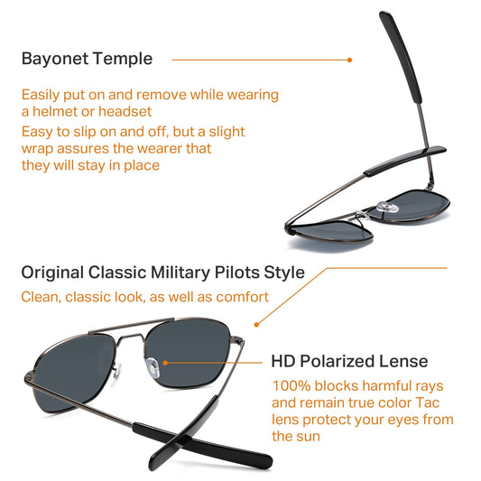IOHLNG Mens Aviator Sunglasses Polarized Lense Square Metal Frame Military Pilot Shades 55mm with Bayonet Temples for Women,Gunmetal Frame