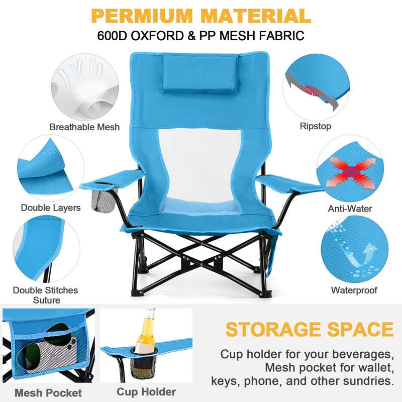 Joyfair 2 Pack Beach Chair Camping Chairs Set(High Back), Heavy Duty Folding Low Lawn Camp Chair for Adults for Outdoor Sport Fishing, Armrest Chair with Portable Bag, Pillow, Cup Holder (Blue)