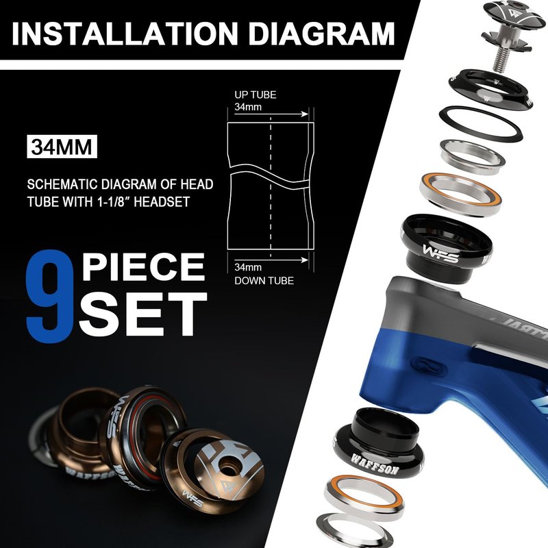 WFS NV.58 1-1/8 Inch Threadless Bike Headset - CNC Alloy, Sealed Bearings, for 34mm Head Tube, Includes Top Cap and Starnut, Blue