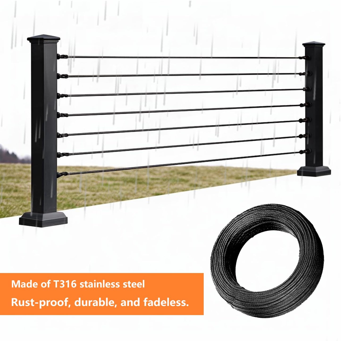 300FT T316 Black Stainless Steel Cable 1/8 inch, Black Aircraft Cable for Deck Railing, 7 x 7 Strands Construction Braided Steel Cable, Black Wire Cable for Wood Posts