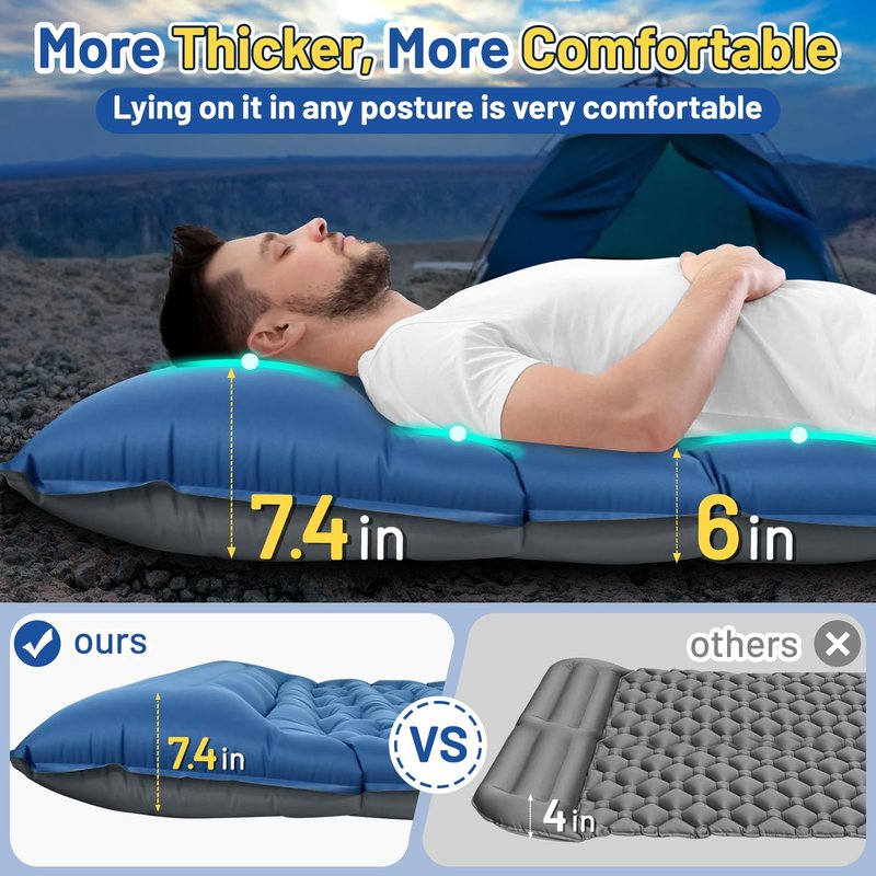 Oramoose Double Sleeping Pad, 6" Extra Thick Portable Camping Sleeping Pad with Pillows & Built-in Foot Pump, Ultralight Camping Mat for Backpacking, Hiking, Traveling, Tent, Car Camp Gear