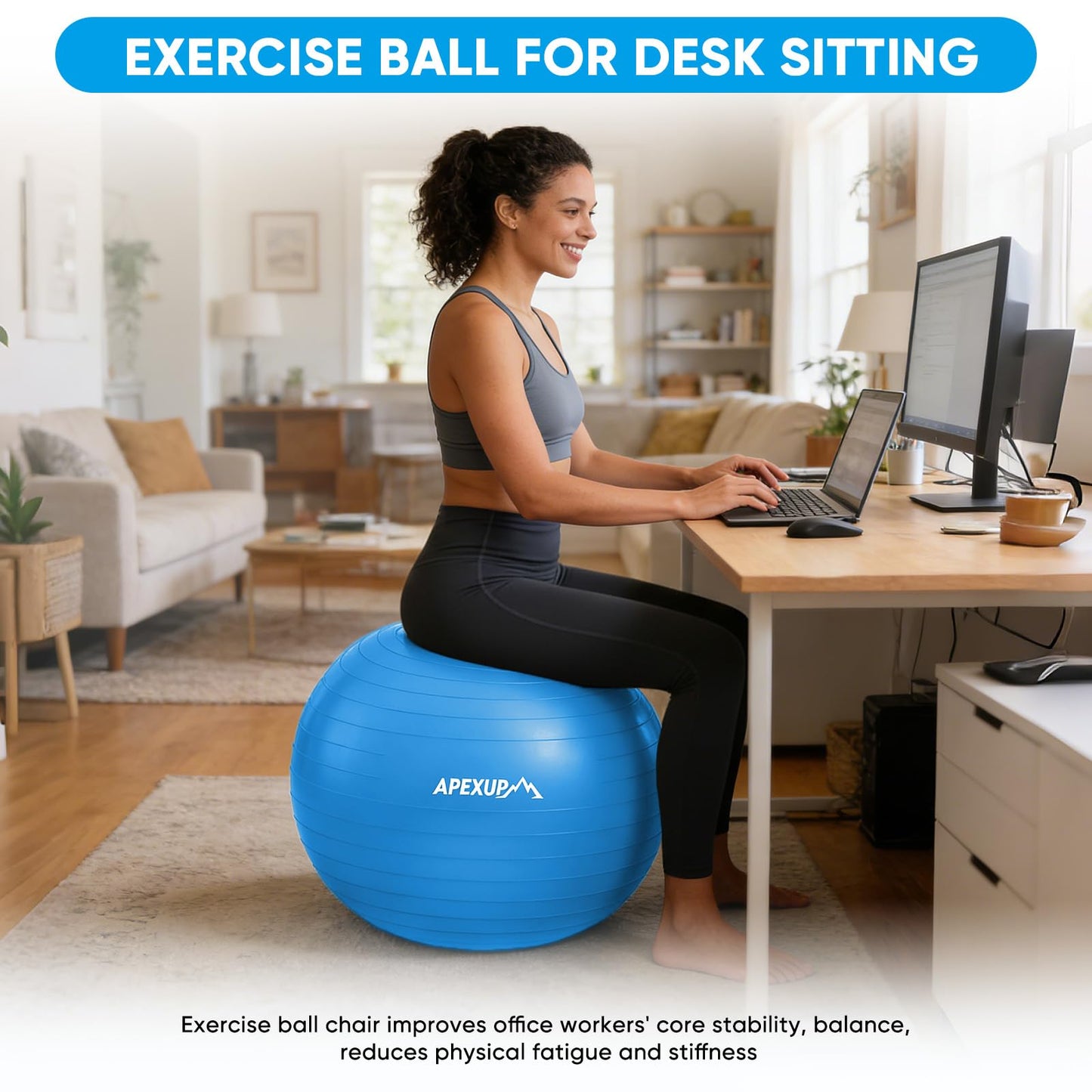 APEXUP Yoga Ball, 660 lbs Anti-Burst Exercise Ball with Pump, 5 Sizes (XL (27"~30") 75cm, Blue)