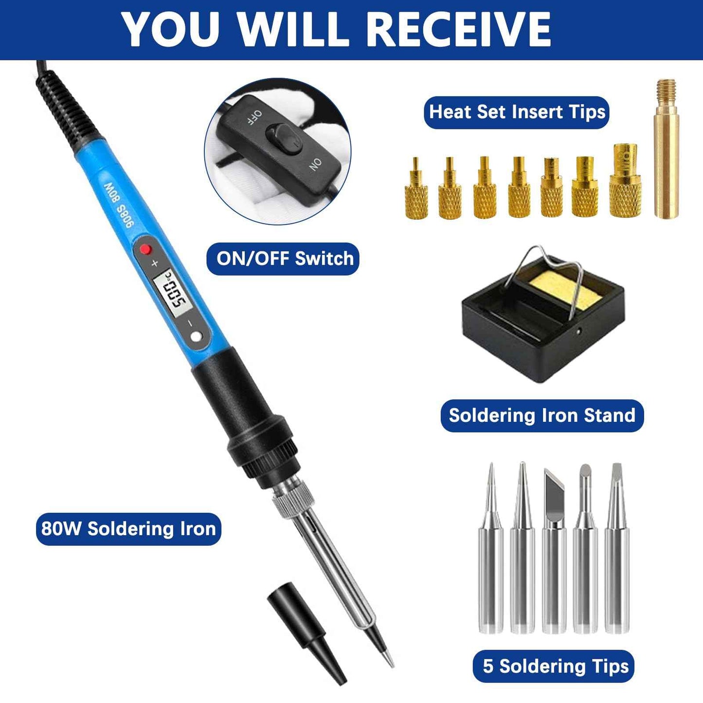 Soldering Iron Heat Set Insert Tool, 80W 110V LCD Digital Soldering Welding Iron Kit with Iron Tips and Heat Set Insert Tips, 16-in-1 Adjustable Temperature 180-500℃ Solder Kit, Blue