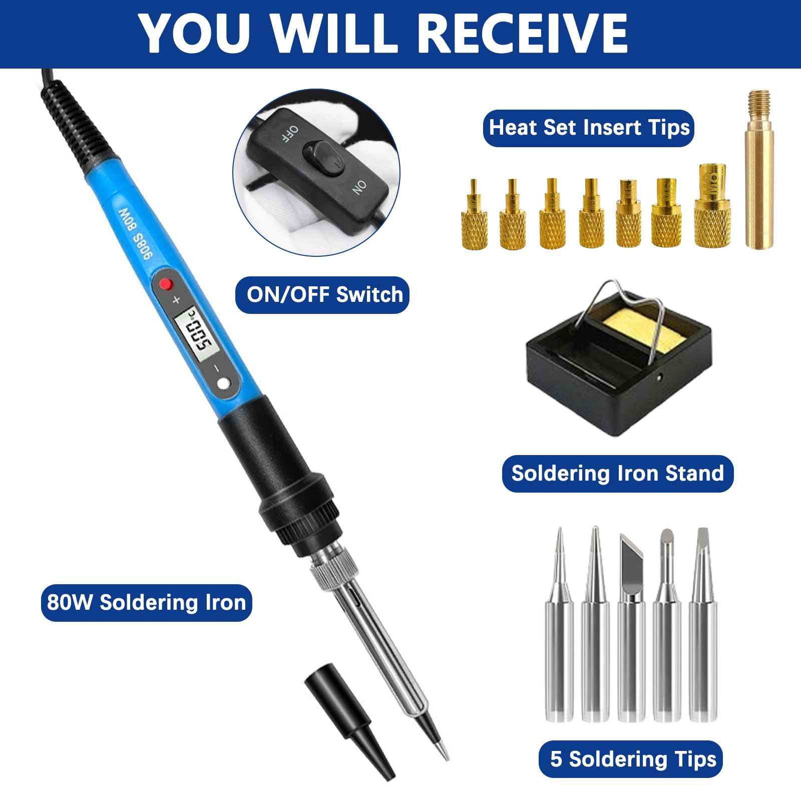 Soldering Iron Heat Set Insert Tool, 80W 110V LCD Digital Soldering Welding Iron Kit with Iron Tips and Heat Set Insert Tips, 16-in-1 Adjustable Temperature 180-500℃ Solder Kit, Blue