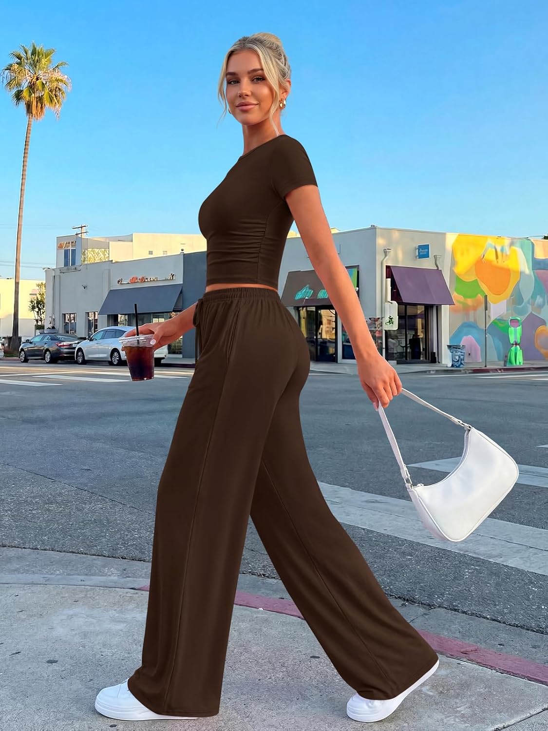 Trendy Queen 2-Piece Summer Lounge Set - Women's Wide Leg Pants & Ruching Crop Top
