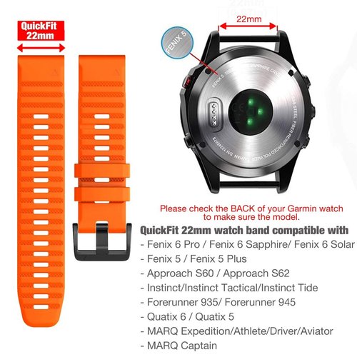 YOOSIDE Silicone Quick Release Fit Band for Garmin Fenix 6 Pro/Sapphire, 22mm Soft Waterproof Non-allergenic Wristband Strap for Garmin Fenix 5/5 Plus,Garmin Instinct,Forerunner 935/945(Orange)
