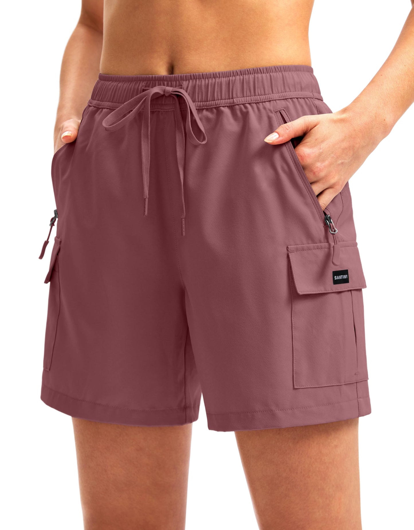 SANTINY Women's 5''/ 7''/9'' Hiking Cargo Shorts Quick Dry Lightweight Summer Shorts for Women Athletic Golf Zipper Pockets(Dusty Pink_XS)