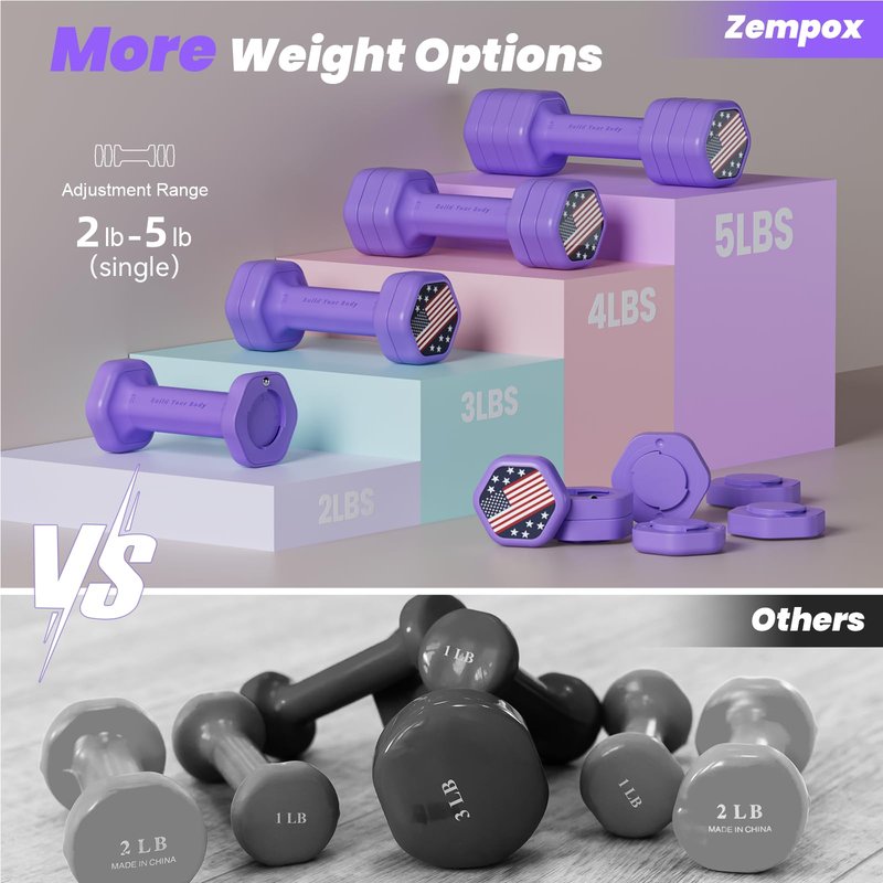 Zempox Adjustable Dumbbell Set of 2, 4 in 1 Hand Weights for Women at Home, 5 lb Weights Dumbbells set of 2, Each 2lb 3lb 4lb 5lb with TPU Soft Rubber Handle for Home Gym Exercise Training, Purple