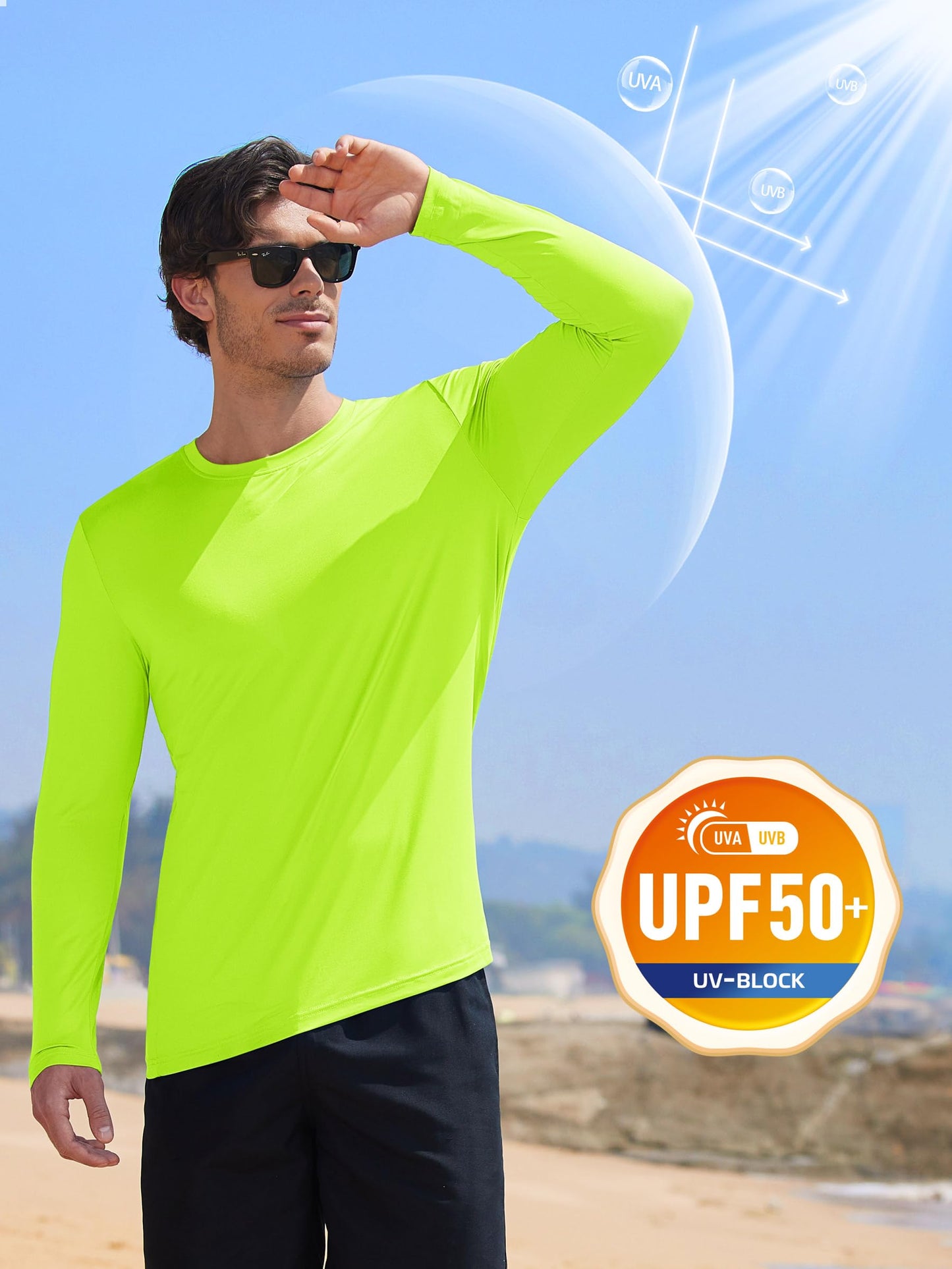 MAGCOMSEN UV Shirts for Men Long Sleeve Summer UPF 50+ Shirts Sun Blocking Outdoor Shirts Moisture Wicking SPF T Shirts Fluorescent Green 2XL