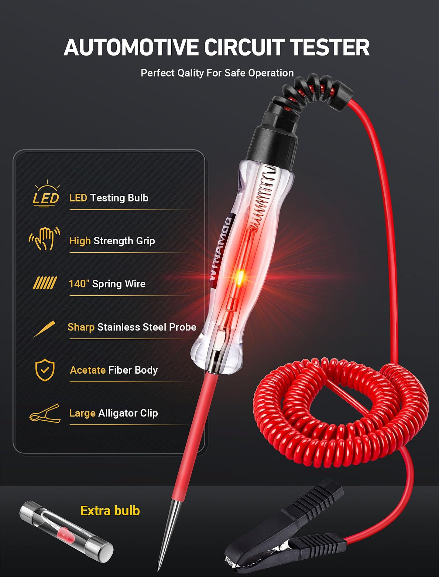 WINAMOO Professional LED Bulb Automotive Circuit Tester, 6-24V Test Light with Large Alligator Clip and 135IN PU Extended Wire, Light Tester Electrical Pen for Vehicle Circuits with Low DC Voltage