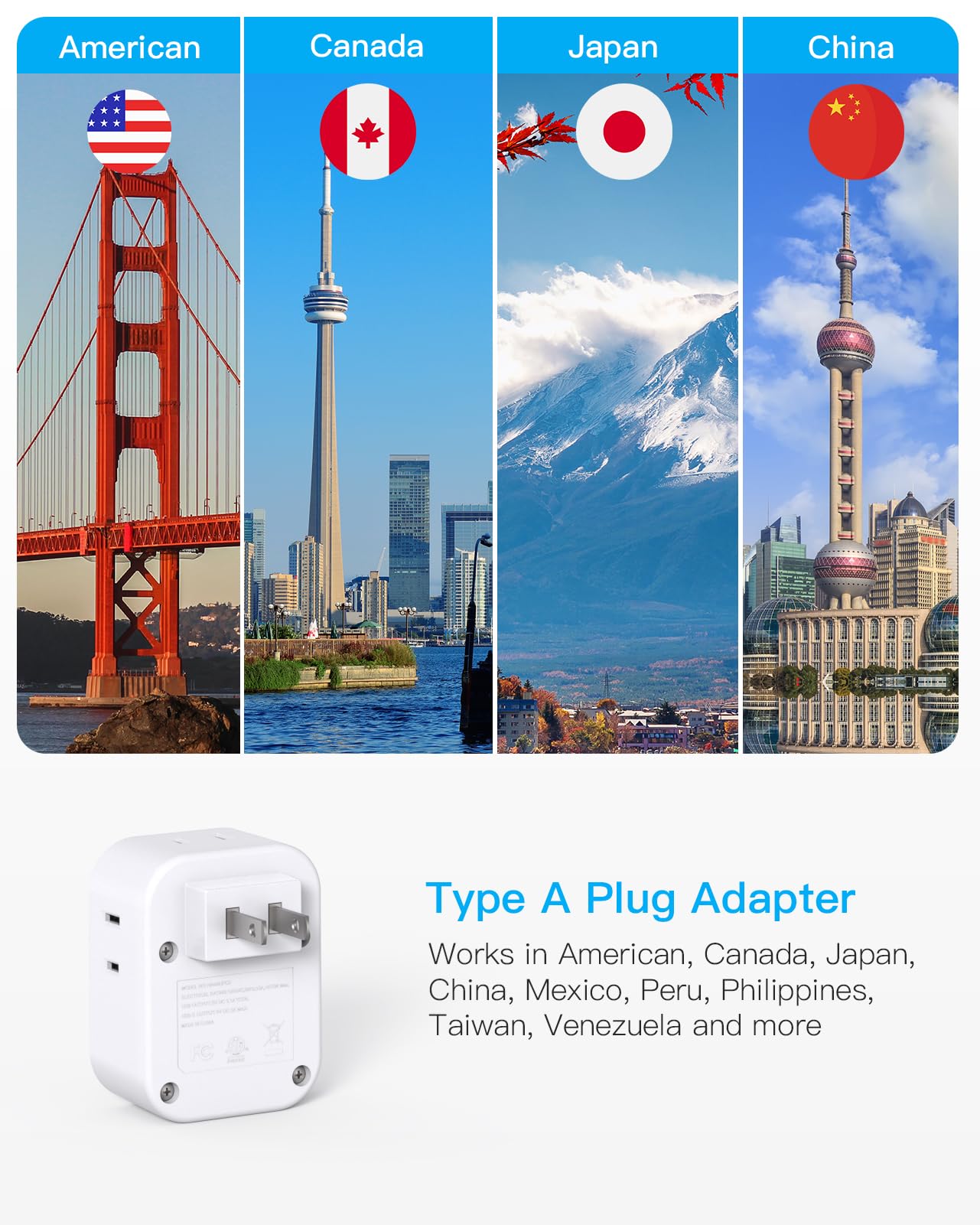 2 Pack US to Japan Travel Plug Adapter, HANYCONY Japan Power Adpter with 4 Outlets 4 USB Ports(2 USB C), Type A Plug Adapter for Amercian USA to Japanese China Canada Mexico Philippines Peru