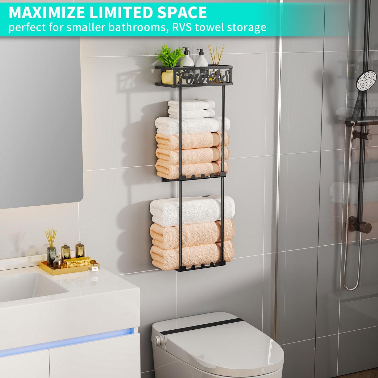 HapiRm Towel Rack Bathroom Storage - 3 Tier Over The Door & Wall Mounted Rolled Towel Racks Holder Organizer with Metal Shelf and 6 Hooks for Small Bathroom, Camper, Rv - Black (for 1.77 in Doors)