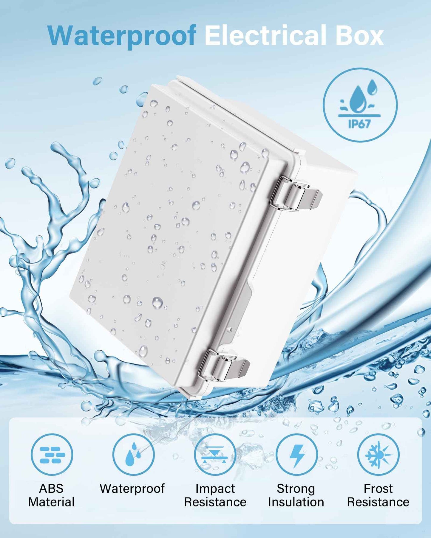 Waterproof Junction Box ABS Plastic, Outdoor Electrical Box IP67 Hinged Cover Project Box with Mounting Plate Wall Brackets and 2 Cable Glands, Grey Electrical Enclosure 8.7"x6.7"x4.3"