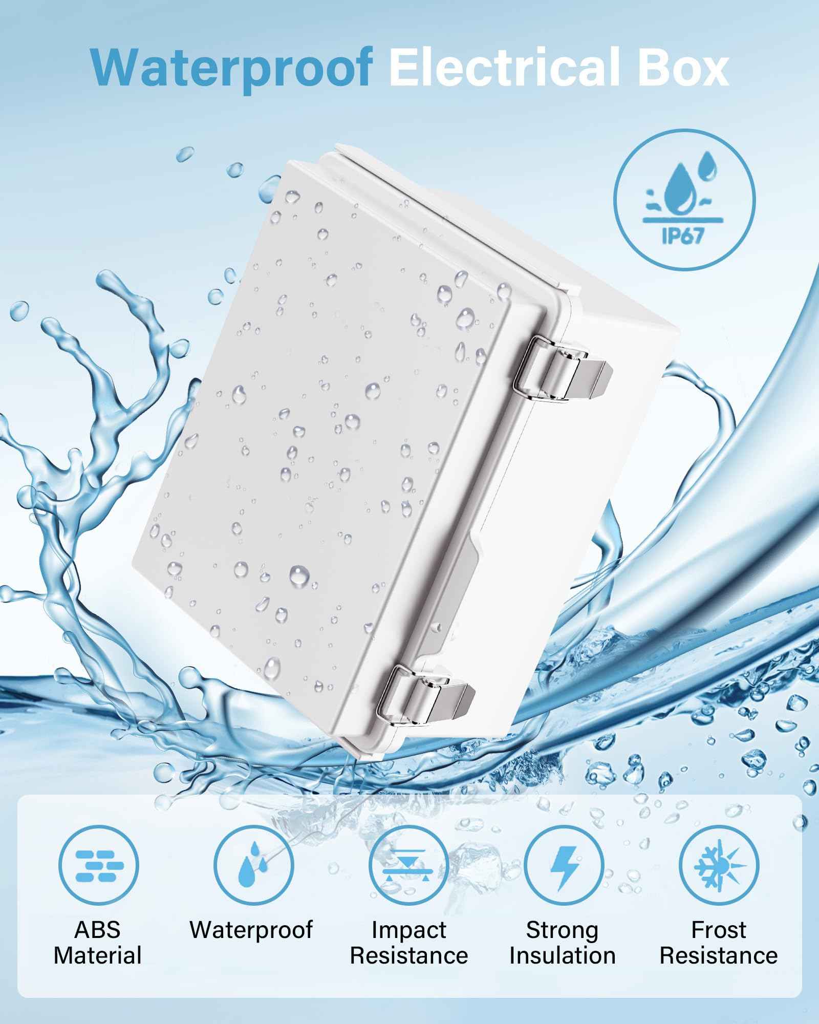 Waterproof Junction Box ABS Plastic, Outdoor Electrical Box IP67 Hinged Cover Project Box with Mounting Plate Wall Brackets and 2 Cable Glands, Grey Electrical Enclosure 8.7"x6.7"x4.3"