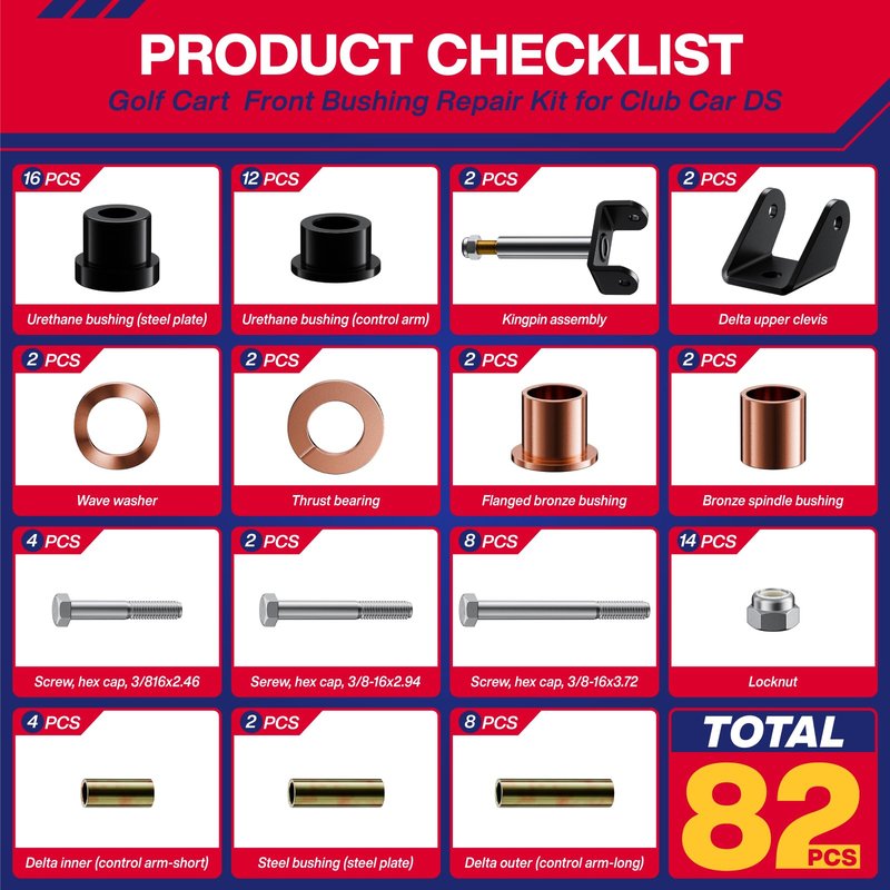 SUPGCPER Club Car DS Deluxe Repair Bushing Kit, 1993-UP Golf Cart Front Rear End Bushing Kit for Club Car DS, Club Car King Ping Repair Kit, Club Car Front End Rebuild Kit OEM# 1015583 1016386 1016384