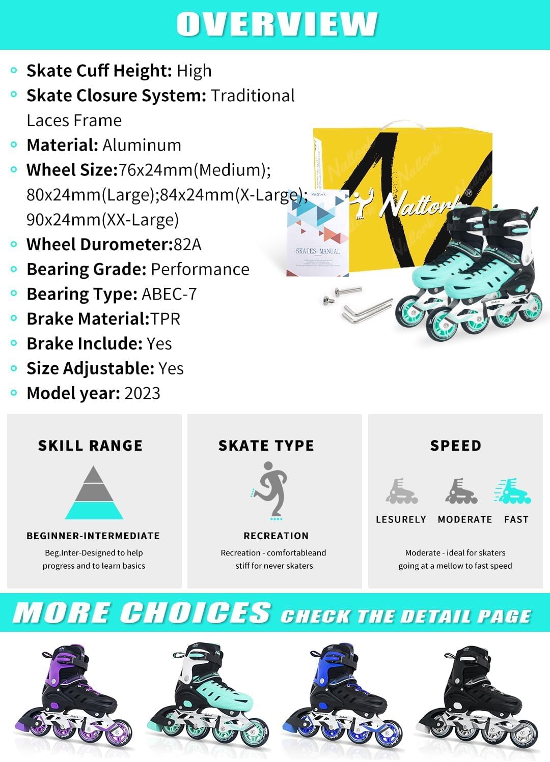 Teal Inline Skates for Youth Girls Women, 4 Sizes Adjustable Blades Roller Skates with Ankle Support, Adjustable Strap, 84mm Wheels and Soft Boot Fit for Skating, Roller Derby, Street Hockey
