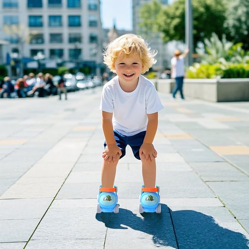 Mpoutik Kids Children's Adjustable Quad Roller Skates Wheels Lock Boys Girls Roller Skate for Beginners Toddlers Baby (Dino Blue)