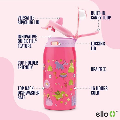Ello Kids 12oz Pop & Fill Toddler Water Bottle - Quick Fill Lid, Leak Proof, BPA Free | Royal Palace