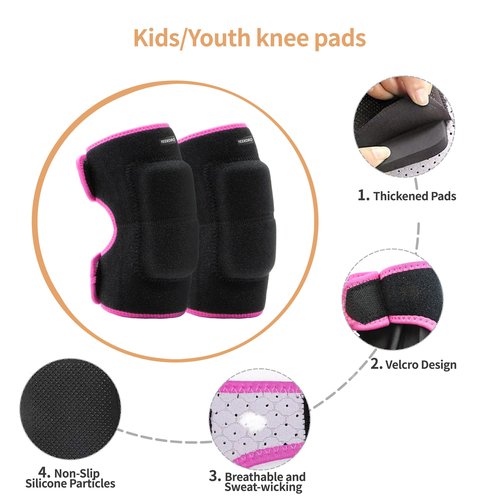 YEEKORO Kids Youth Adjustable Knee Elbow Pads Set with Thickened SBR Pads for Riding Rollerblading Skating Skateboarding Snowboarding Volleyball (Black-Pink)