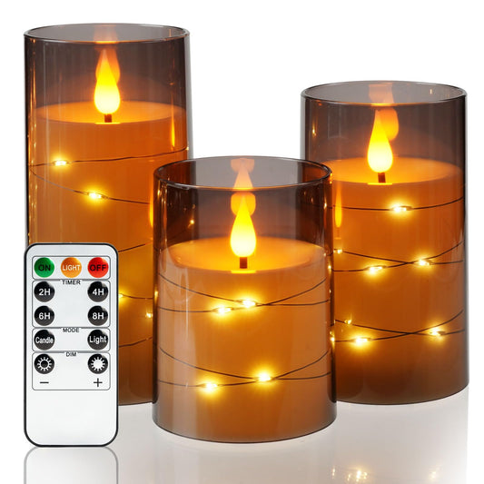Amagic Grey Flameless Candles with Remote, Flickering Battery Operated Candles with Embedded Fairy Lights, Acrylic LED Candles with Timer for Halloween Home Bohemian Decor, 3D Wick, D3 x H4 5" 6"