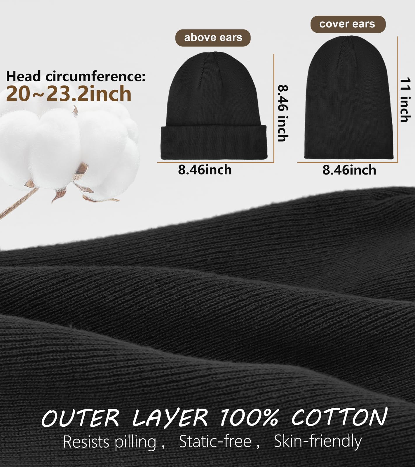 Satin Lined Beanie for Women Men, Cotton Knit Winter Hat Silk Lining Soft Warm Cuffed Fisherman Beanies Hats Skull Cap Black