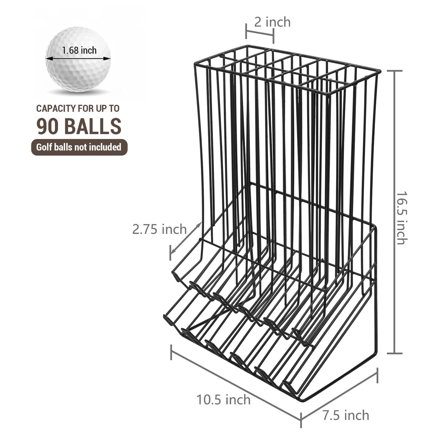 MyGift Golf Ball Dispenser, 90 Capacity Golf Ball Storage Container Matte Black Metal Wire Organizer Basket and Countertop Display Rack