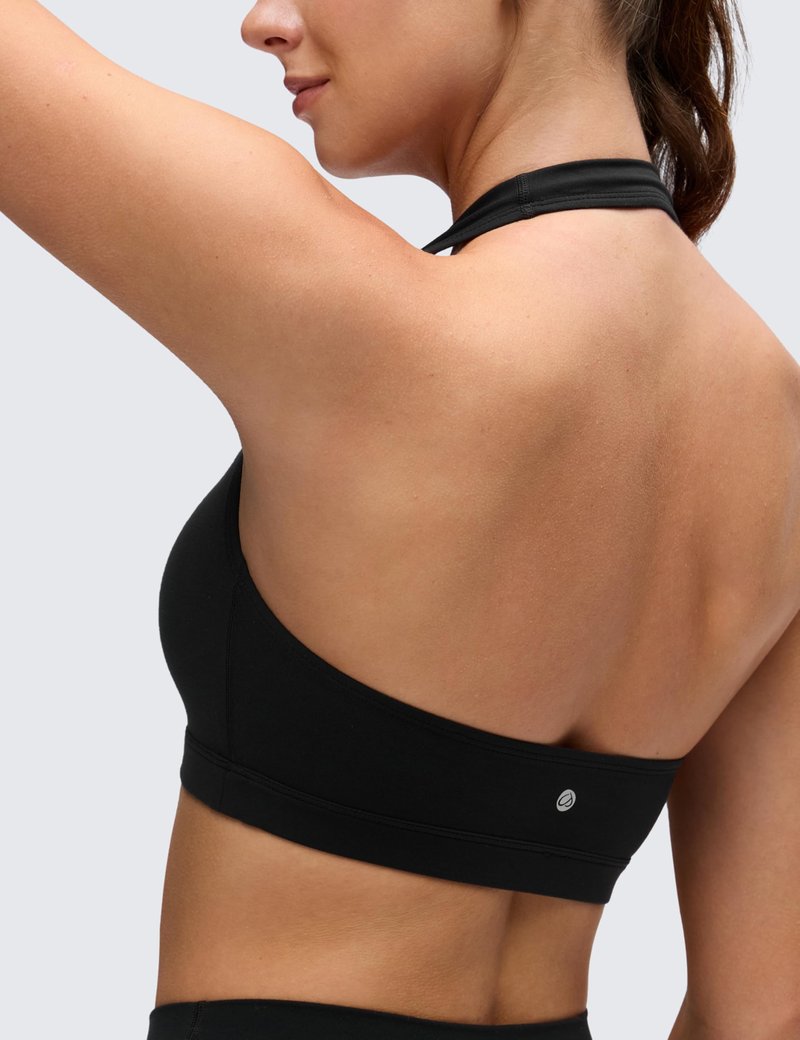 CRZ YOGA Butterluxe Halter Sports Bras for Women - Scoop Neck Padded Open Back Yoga Crop Gym Tops Low Impact Black Small