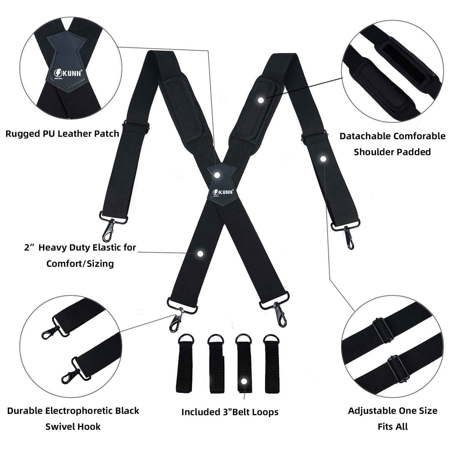 KUNN Tool Belt Suspenders Removable Padded Shoulder Work Suspenders with 4Pcs Attachment Loops,Comfortable and Adjustable
