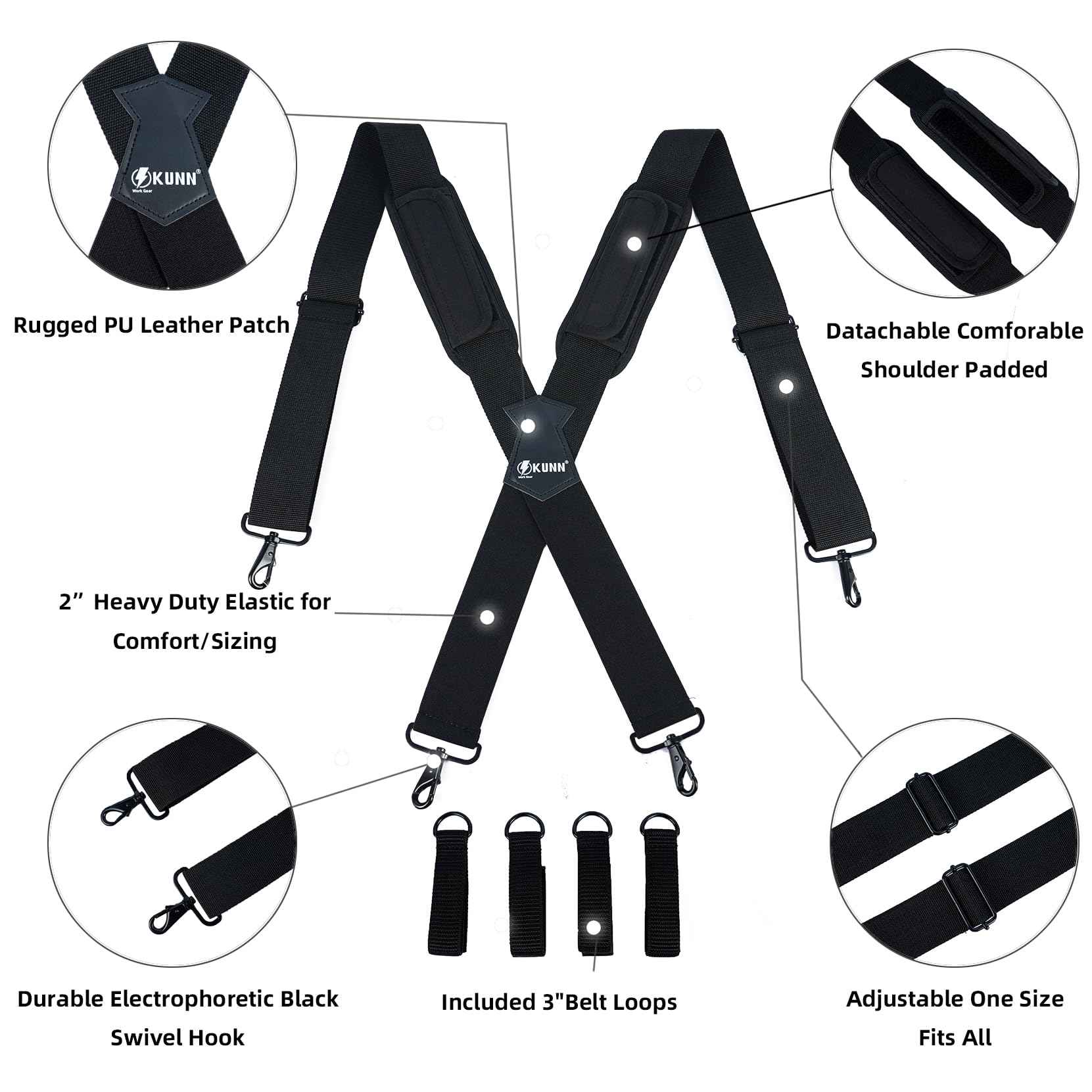 KUNN Tool Belt Suspenders Removable Padded Shoulder Work Suspenders with 4Pcs Attachment Loops,Comfortable and Adjustable