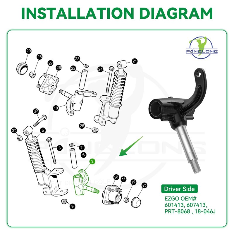 Panglong EZGO RXV Golf Cart Driver Spindle Assembly-Front Spindle Left, Suitable for 2008-Up EZGO RXV G & E, EZGO RXV Spindle Left Side Replace OEM# 601413 607413