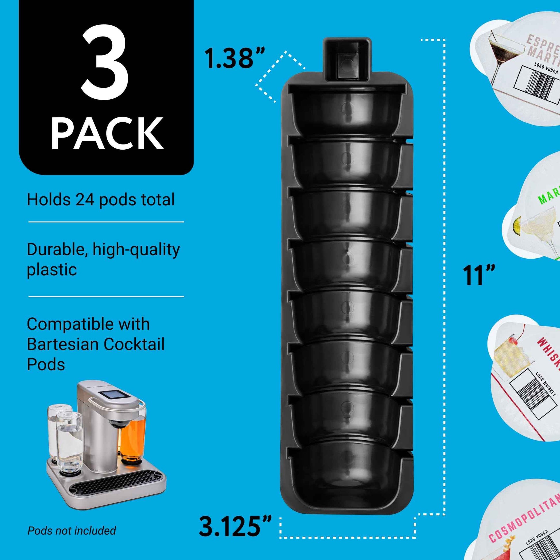 IMPRESA Pod Organizer - Compatible with Bartesian Cocktail Machine & Bar Accessories Organizer - 24-Slot Cocktail Capsules Holder - Secure Loading & Drink Capsule Holder - Plastic, Pack of 3