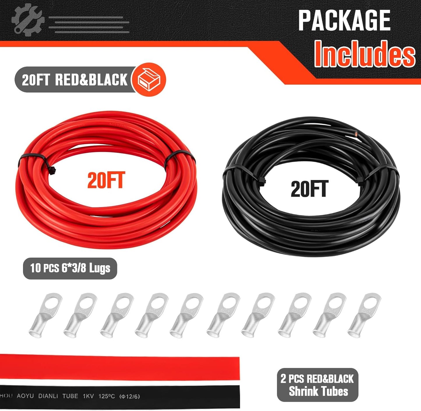6 Gauge Wire - 20 FT Black & 20 FT Red Battery Cable | Copper Welding Wire with Connectors