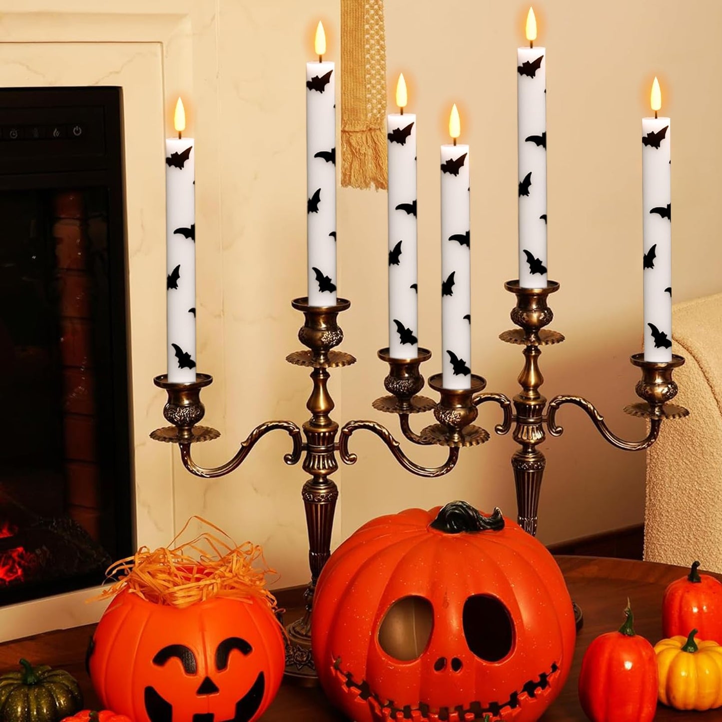 Wondise Halloween Flameless Taper Candles with Remote & Timer, 4 Pack Bats Battery Operated Real Wax 3D Flame LED Flickering Candles for Halloween Table Decorations