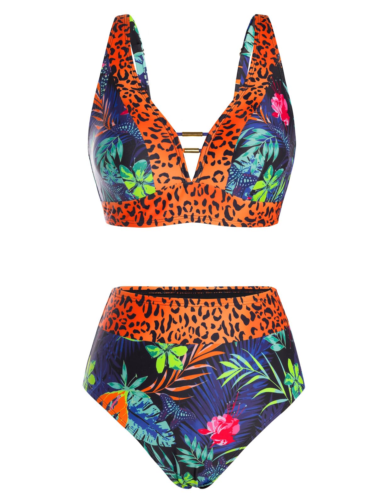 Tummy Control Swimsuits for Women High Waisted Bikini Sets 2 Piece Bathing Suit Floral Full Coverage Push Up Swimwear Blue Leopard