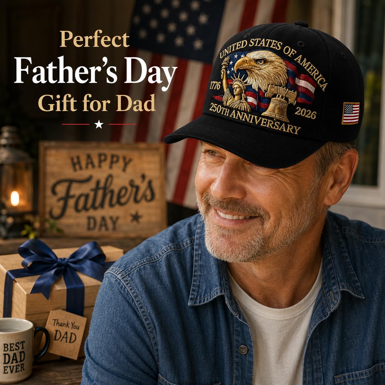 250 Anniversary USA Hat, Patriotic Embroidered Baseball Cap, for Dad, Patriot Cap 1776-2026 Black