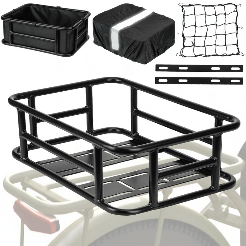 Bike Basket Rear - Large Capacity Heavy Duty Bicycle Basket with Liner,Cargo Net,Waterproof Cover - Ebike Accessories for Adult Bikes,Electric Bike,Carrying Grocery,Ball,Dog