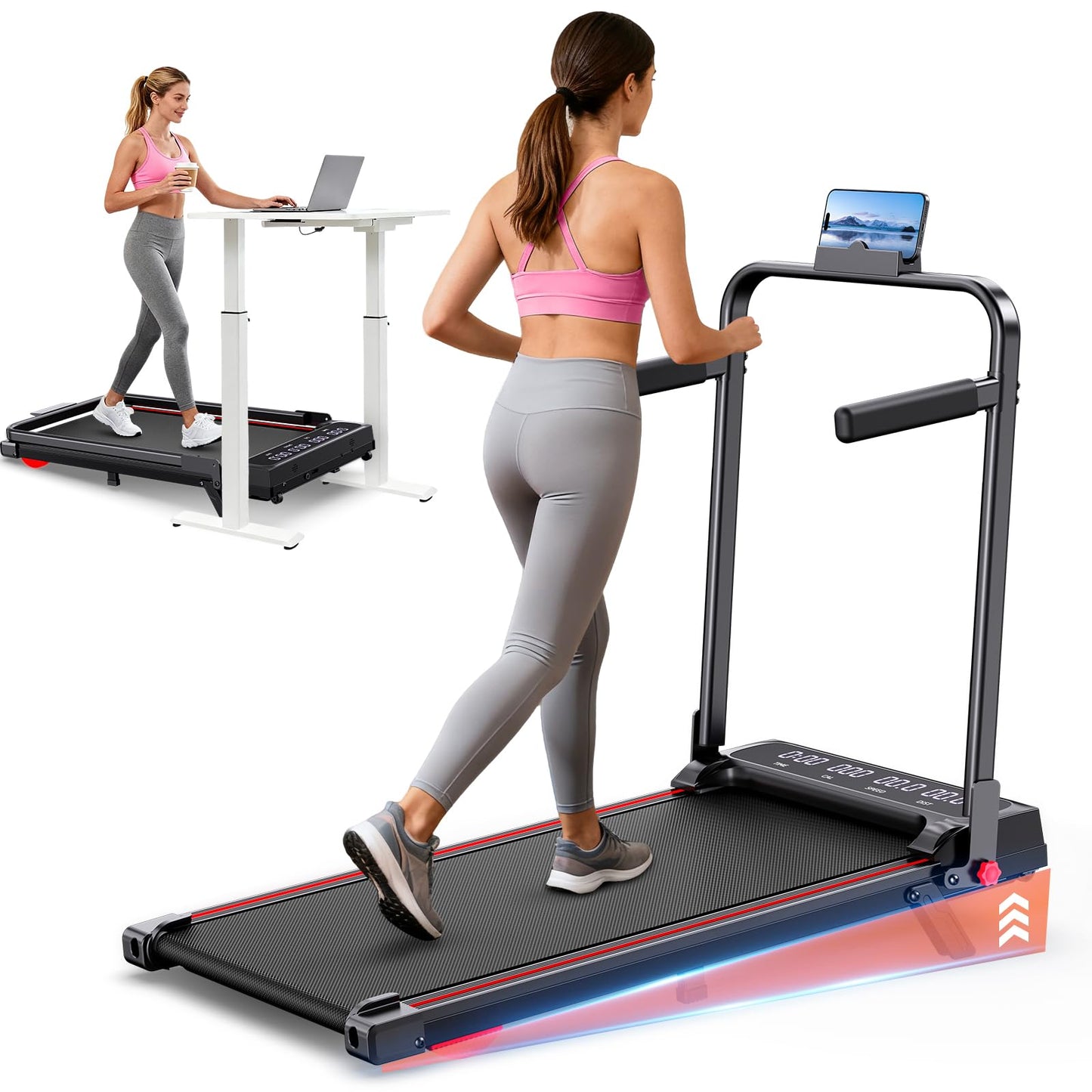 3-in-1 Walking Pad with Handle Bar, 9% Incline Portable Treadmills for Home Small Space,Under Desk Treadmill with 300lbs Capacity, Compact Designed with LED Screen Display,Remote Control