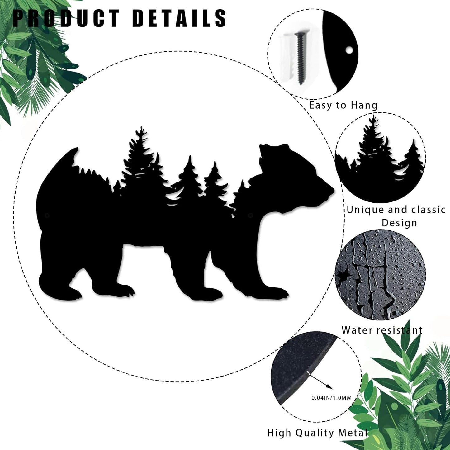 Resama Metal Wall Art - Rustic Pine Tree & Bear Design | Modern Wilderness Decor for Indoor & Outdoor Spaces (Black)