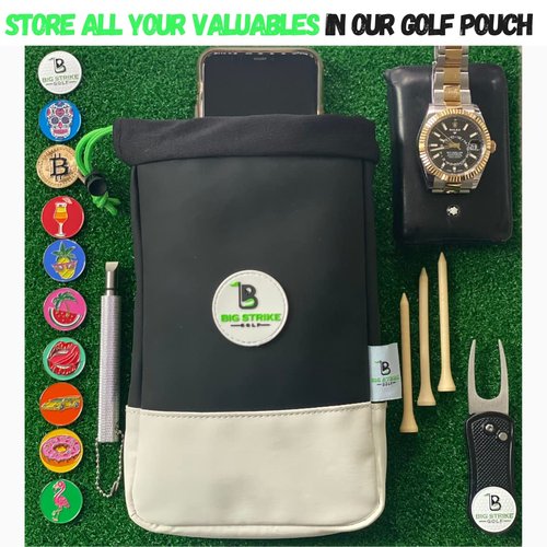 Big Strike Golf - Golf Pouch and 10 Magnetic Ball Markers. Bright, Fun Colorful Ball Markers. Golf Accessories Top Pick. (Golf Pouch + 10 Magnetic Ball Markers)