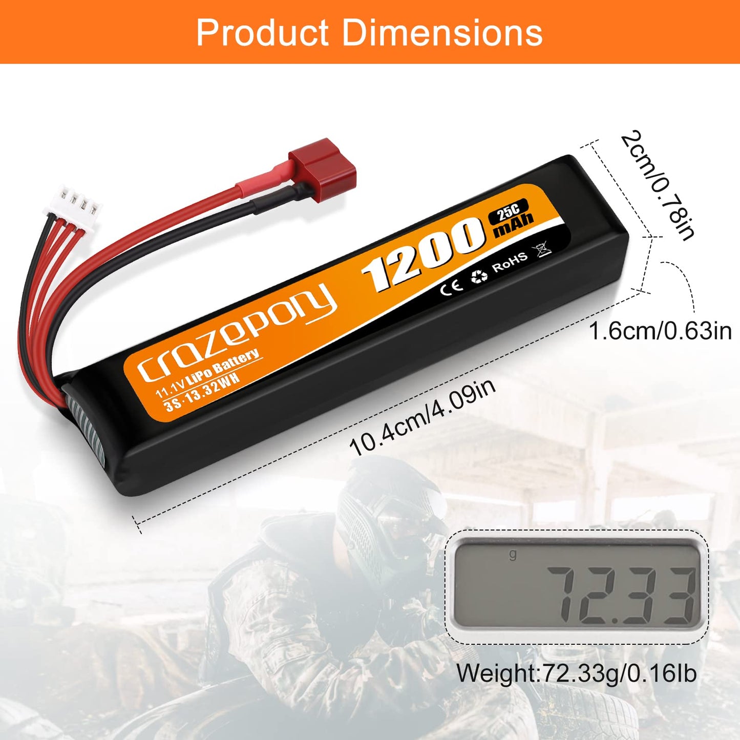 Crazepony Airsoft Battery 11.1V 1200mAh Rechargeable 3S LiPo 25C Hobby Battery with T-Plug & JST XH Connector for Airsoft Model Rifle