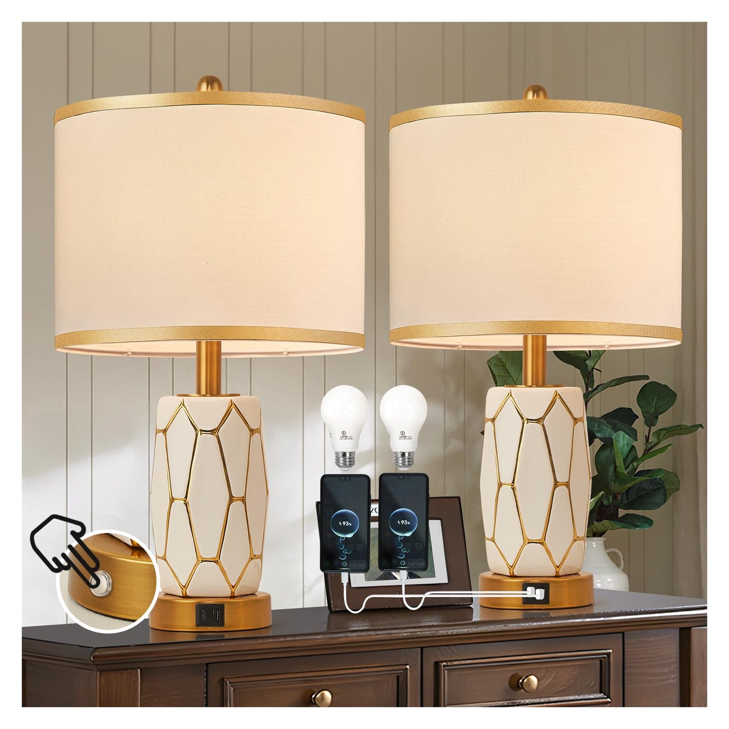 workluurop Set of 2 Touch Control Ceramic Table Lamps for Bedroom Livingroom,Modern Black/White, with USB Ports,Bedside Nightstand Lamp with Fabric Drum Lampshade,Blubs Included (White)