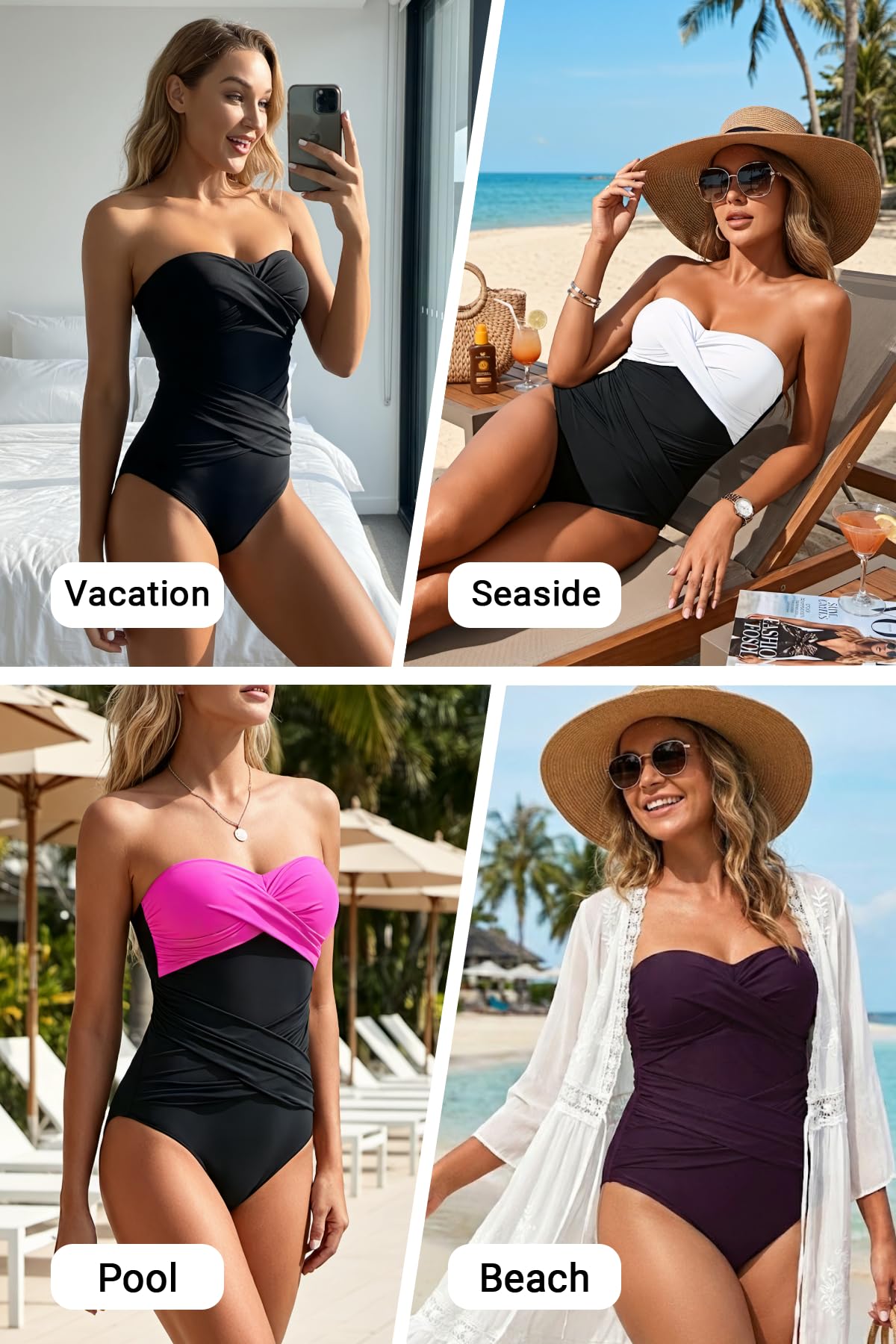 Holipick Women's Black Strapless Bandeau One Piece Swimsuit Ruched XL