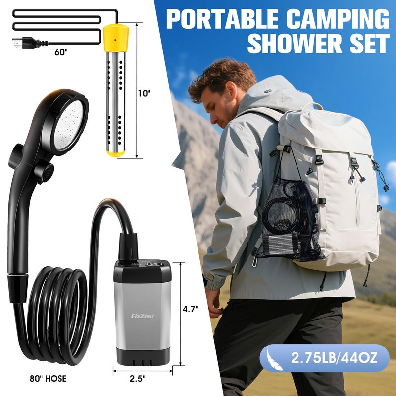 Portable Shower With Heater,Portable Shower For Camping With 2000W Auto-Off Heater,4 Spray Modes,Lasting 140 mins,LED Display,Portable Shower Pump,Outdoor Shower For Camping,Hiking,Travel,Car,Pet